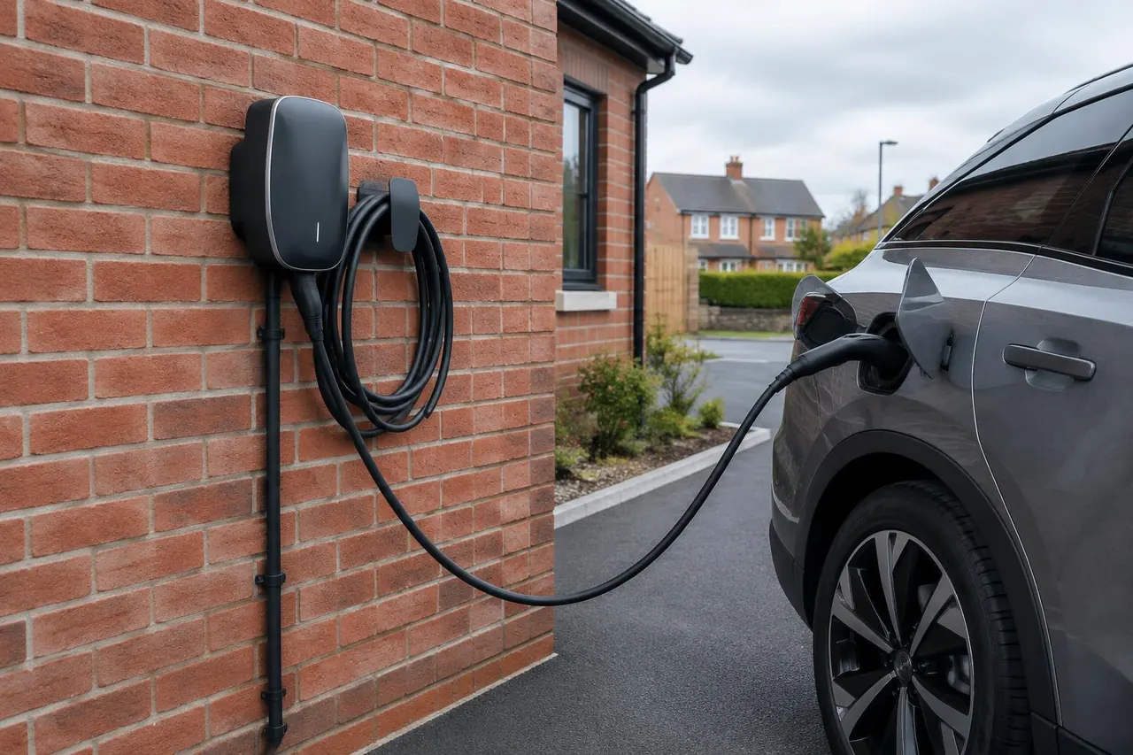 Home EV charger with a tethered cable beside an electric car on a driveway